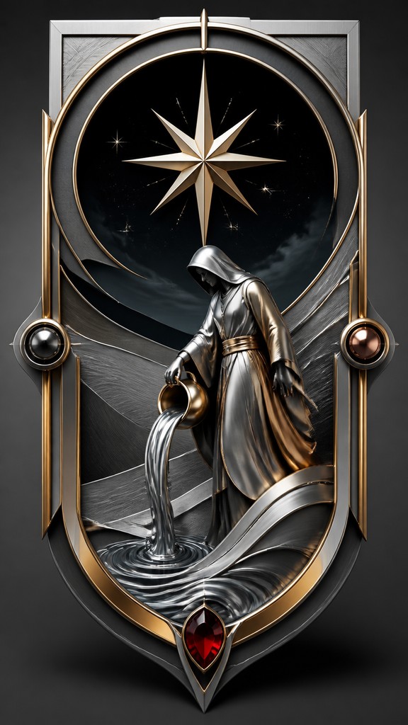 a robed figure pouring water beneath a large eight-pointed star in a night sky, symmetrical composition with an ornate decorative border, no text — Modern Contemporary Jewelry Design tarot card