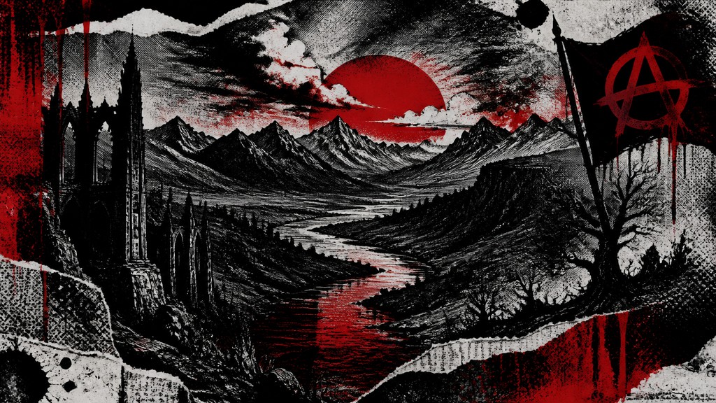 a vast valley with a river winding toward distant mountains at sunrise, no people, no text — Gothic Punk Art desktop wallpaper