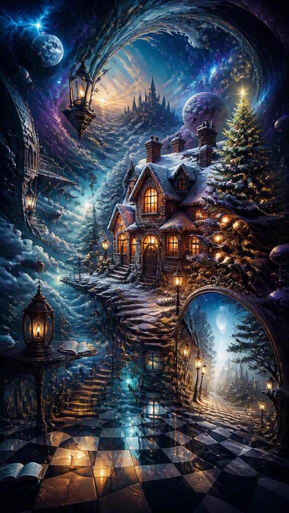 a snow-covered cottage with warm glowing windows beside a decorated pine tree, gentle snowfall, no text — Surrealist Landscape Art Style Christmas card