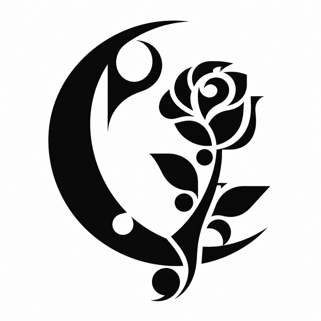 a rose entwined with a crescent moon, clean balanced composition on a plain background, no text — Typographic Minimalism Art Style tattoo design