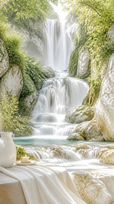 a cascading waterfall in a lush green gorge, no people — Clean Girl Aesthetic wallpaper
