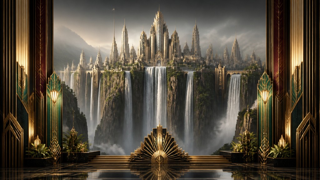 a cliffside city with waterfalls cascading into a misty canyon, wide establishing shot, no people, no text — Art Deco Interior Design concept art