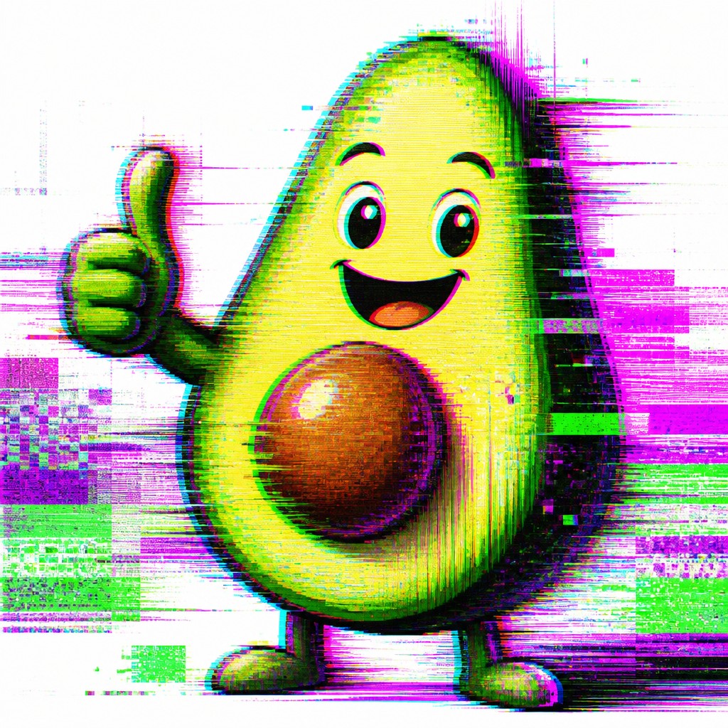 a happy avocado character giving a thumbs up, bold readable design on a plain background, no text — Digital Glitch Abstract Art Style sticker