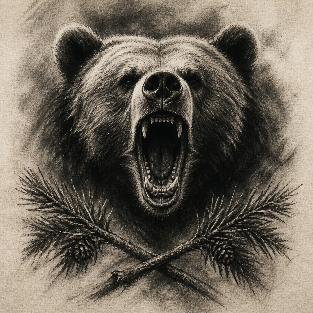 a roaring bear head above crossed pine branches, bold graphic composition on a plain background, no text — Charcoal Portrait Art Style t-shirt design