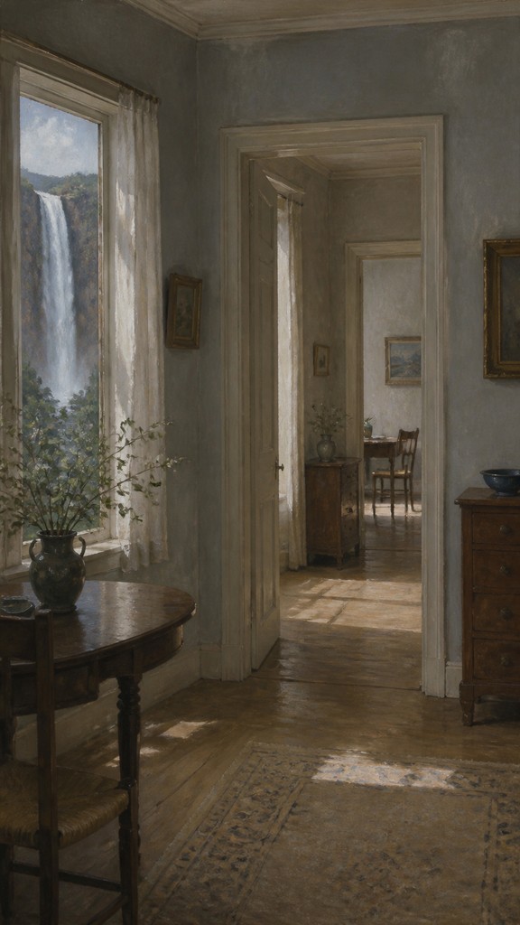 towering waterfall cascading down a cliff — Interior Scene Painting Style