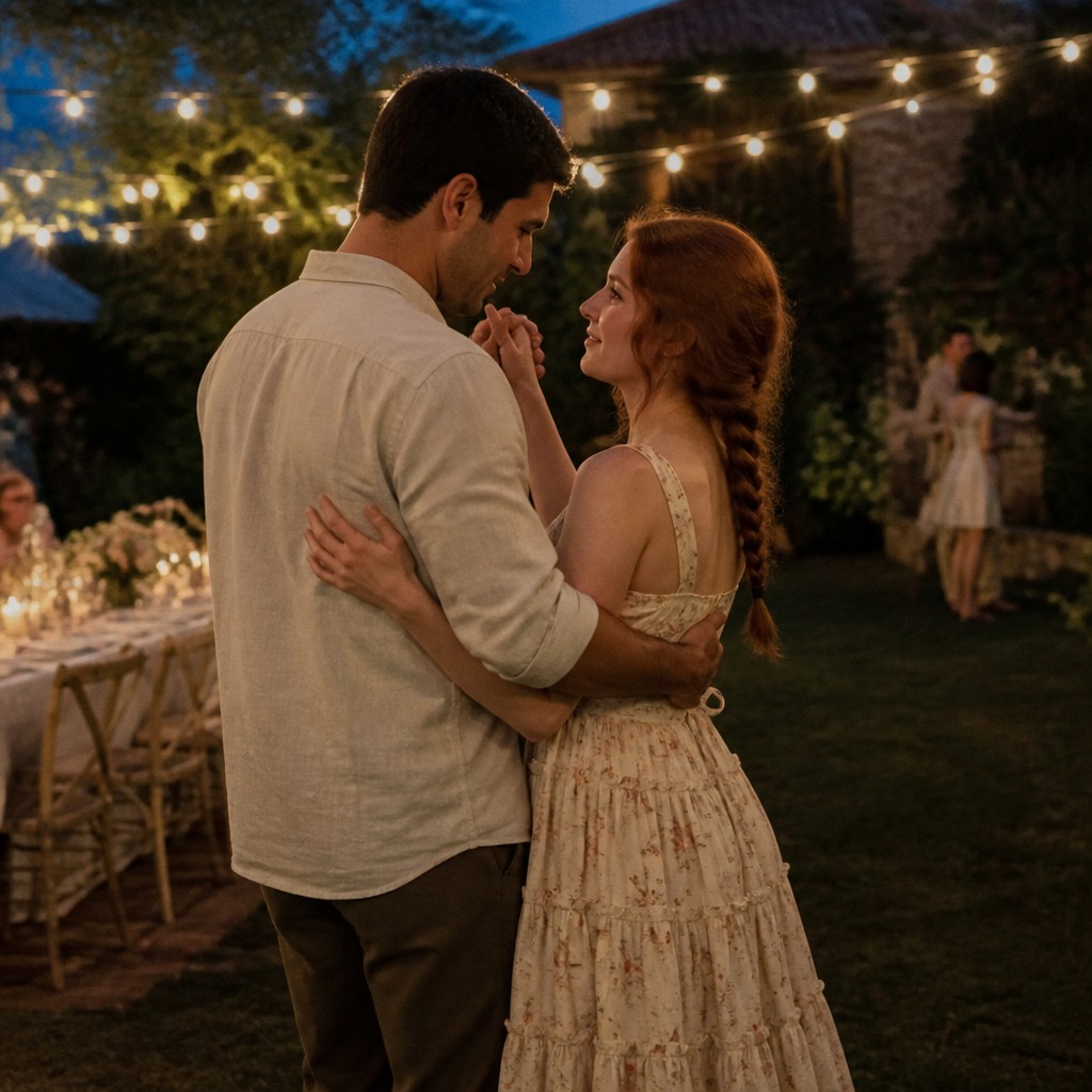 an original couple dancing under string lights in a garden at dusk: a man with short black hair in a linen shirt and a woman with braided red hair in a summer dress — Realism Art Style couple portrait