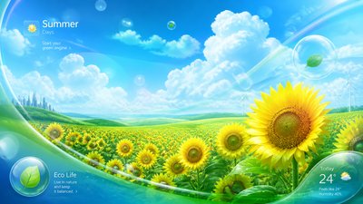 an endless field of sunflowers under summer clouds, no people — Frutiger Aero Aesthetic wallpaper