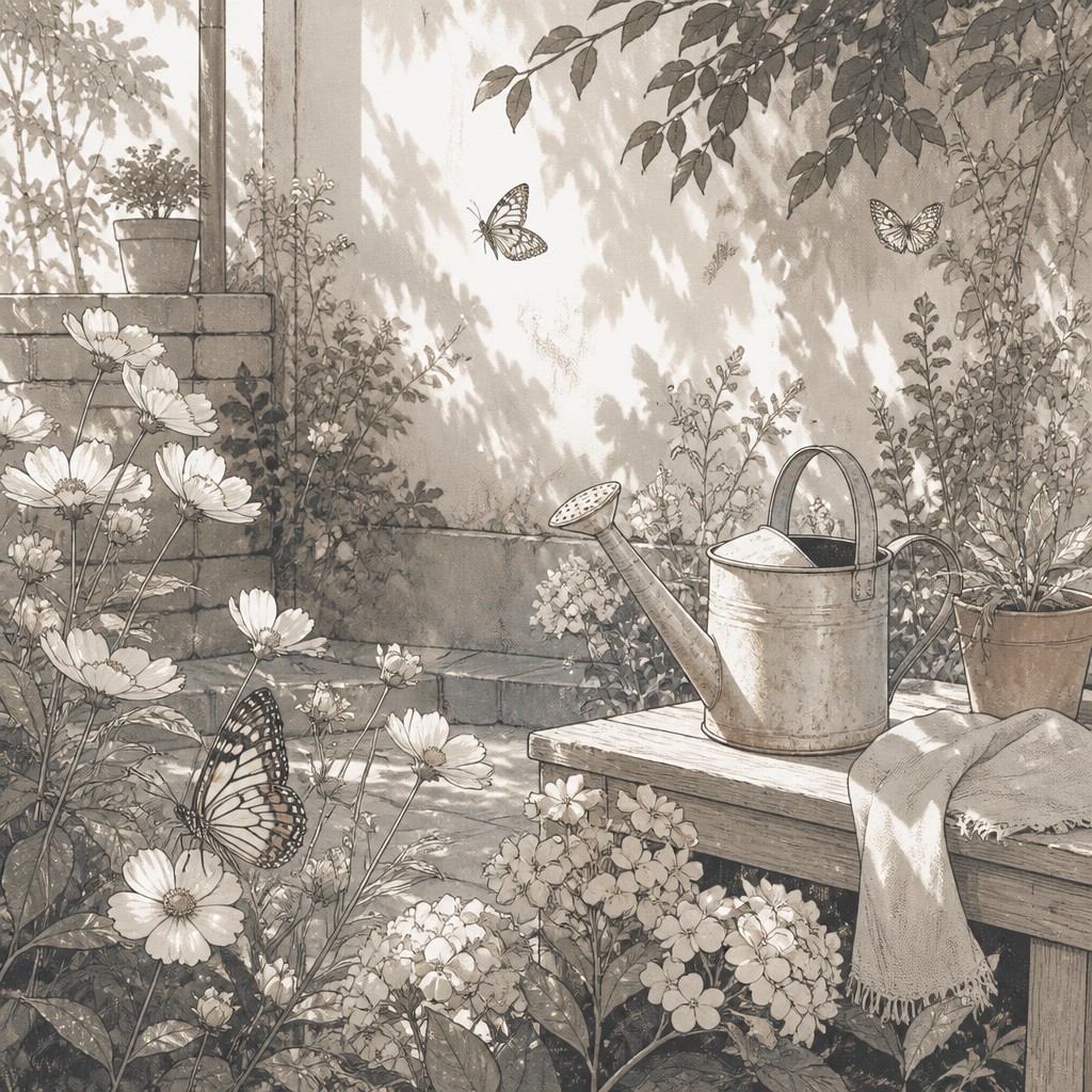 a garden scene with butterflies, flowers and a watering can, clean uncolored line art, no text — Slice of Life Manga Art Style coloring page