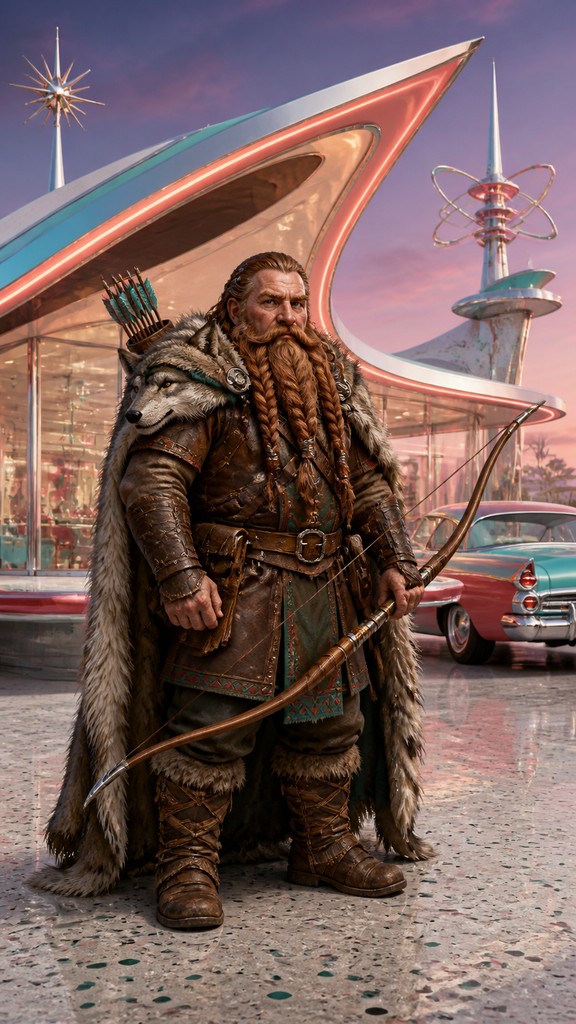 full-body original character: a dwarven ranger with a braided auburn beard, worn leather armor, a longbow and a wolf-pelt cloak, neutral background, no text — Googie Architecture tabletop character portrait