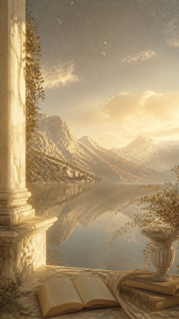 a tranquil mountain lake beneath a starry night sky, no people, no text — Light Academia Aesthetic phone wallpaper