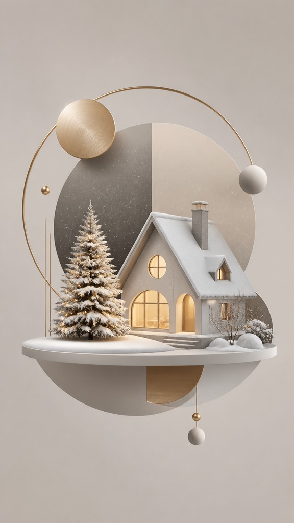 a snow-covered cottage with warm glowing windows beside a decorated pine tree, gentle snowfall, no text — Minimalist Jewelry Design Christmas card