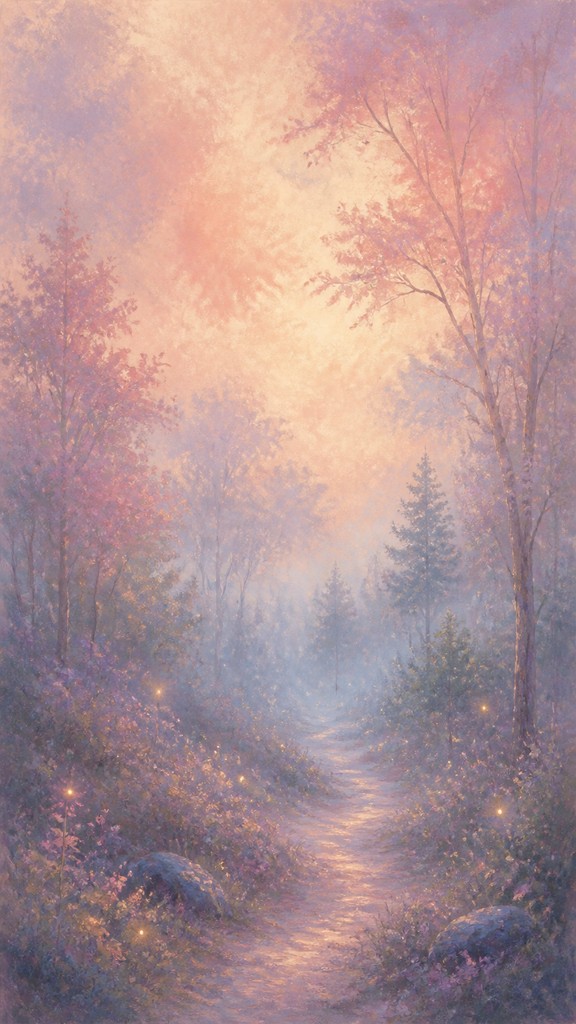 a mysterious forest path with fireflies and drifting mist, atmospheric vertical composition with open space at the top, no text — Pastel Art Style book cover