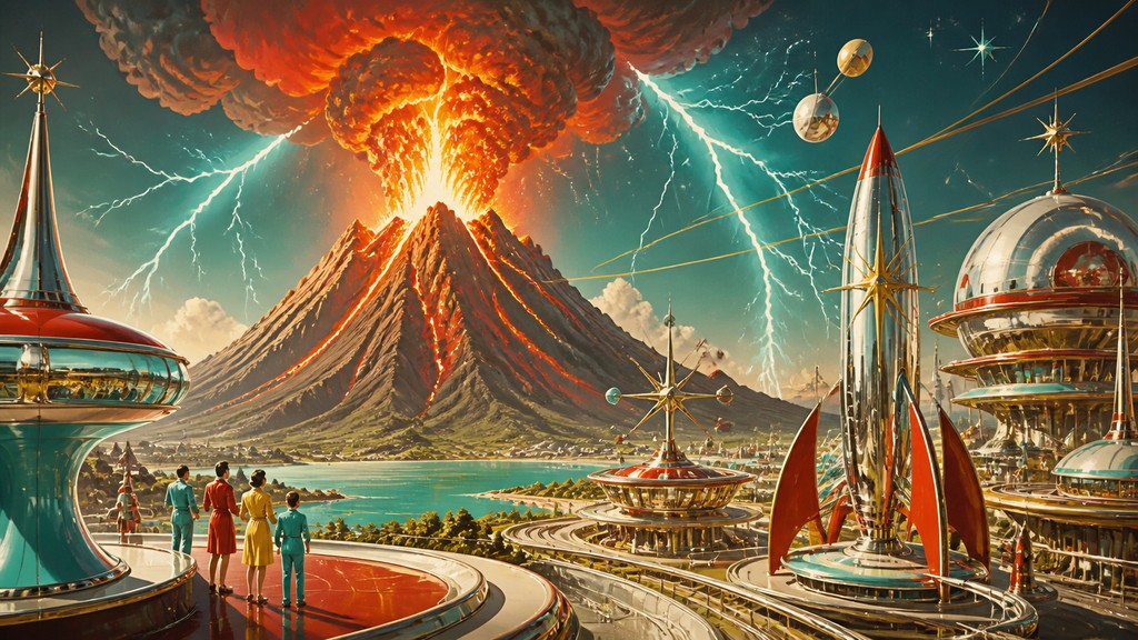 an erupting volcano with lightning strikes, dramatic wide composition, no text — Atompunk Aesthetic YouTube thumbnail
