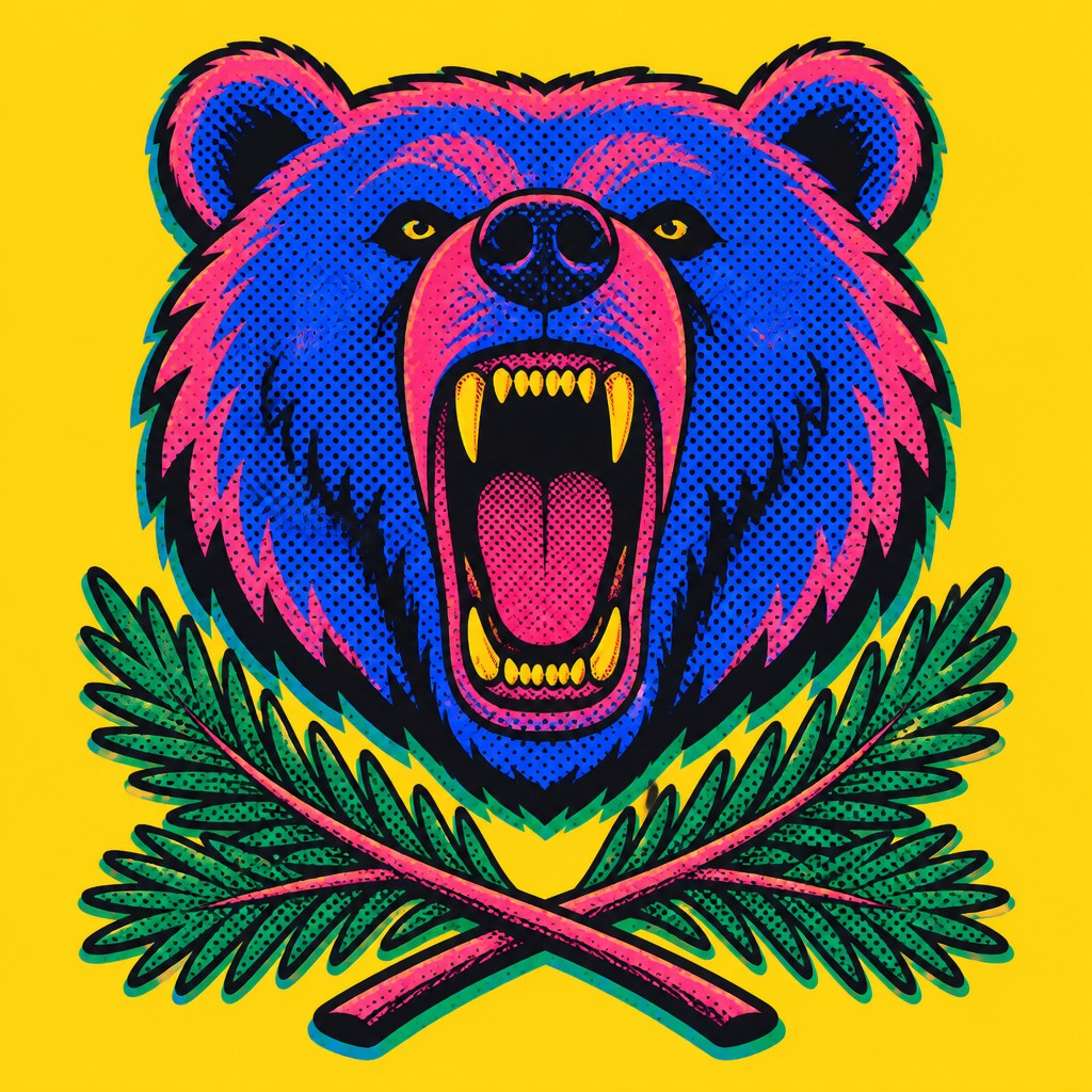 a roaring bear head above crossed pine branches, bold graphic composition on a plain background, no text — Pop Art Portrait Style t-shirt design