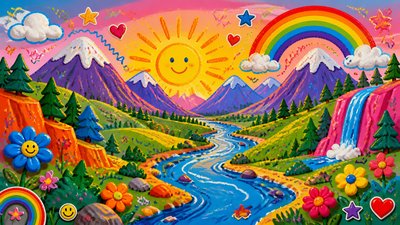 a vast valley with a river winding toward distant mountains at sunrise, no people, no text — Kidcore Aesthetic wallpaper