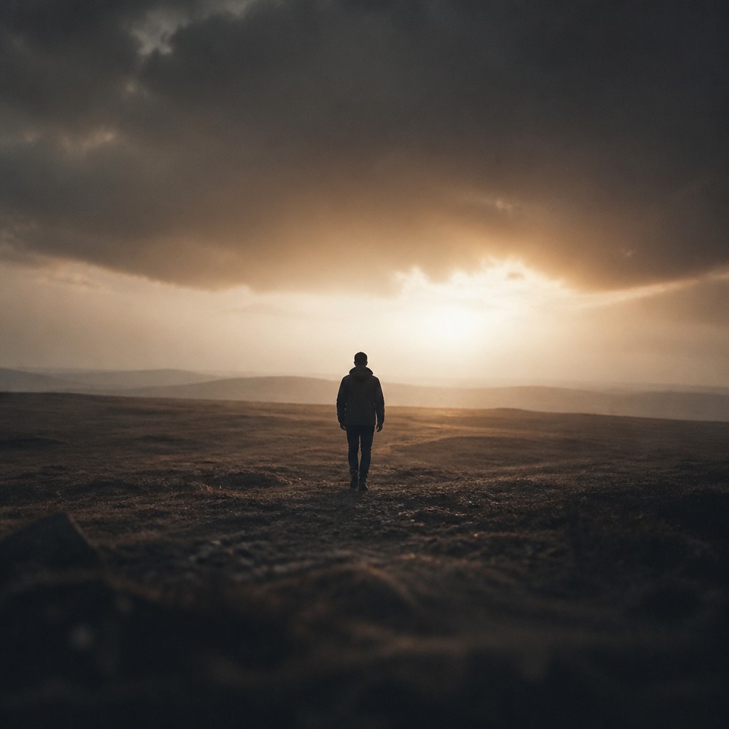a solitary figure walking toward a glowing horizon across an empty plain, moody atmosphere, no text or lettering — Fine Art Photography Style album cover