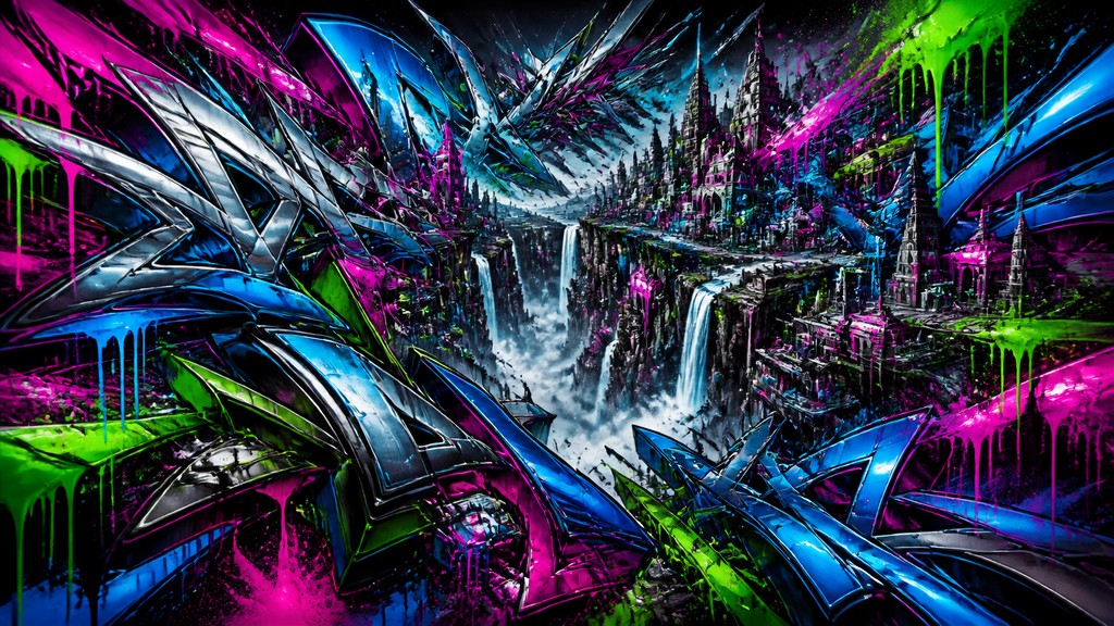 a cliffside city with waterfalls cascading into a misty canyon, wide establishing shot, no people, no text — Wildstyle Graffiti Street Art Style concept art
