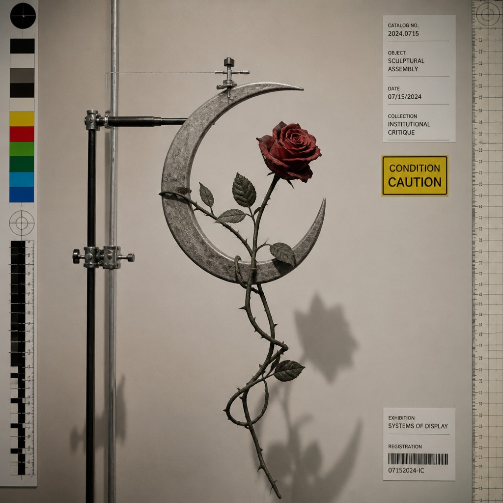 a rose entwined with a crescent moon, clean balanced composition on a plain background, no text — Institutional Critique Conceptual Art Style tattoo design