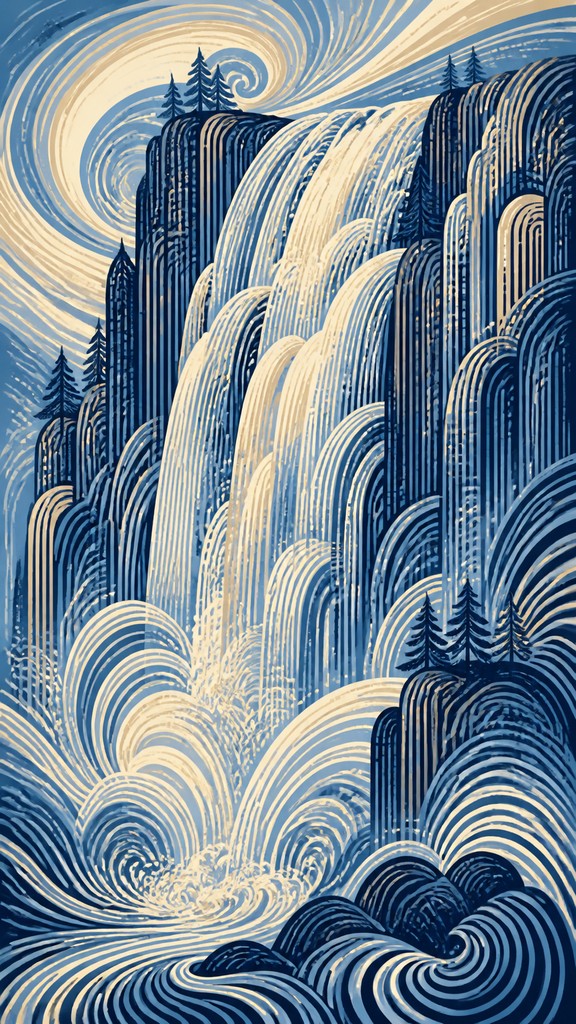 towering waterfall cascading down a cliff — Visual Rhythm Art Style