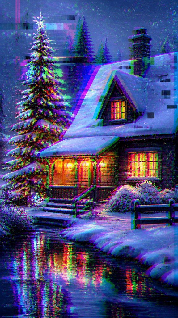 a snow-covered cottage with warm glowing windows beside a decorated pine tree, gentle snowfall, no text — Glitch Art Style Christmas card