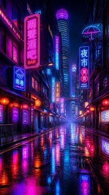 a quiet rainy city street at night reflecting neon signs, no people — Digital Art Style wallpaper