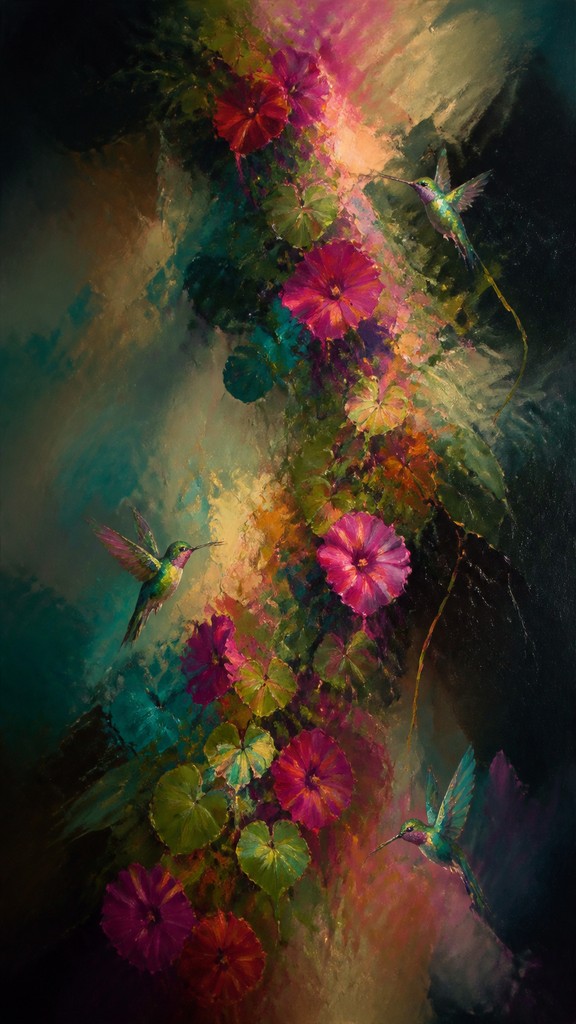 a climbing vine of flowers and hummingbirds on a dark background, tall wrapping composition, no text — Abstract Landscape Art Style phone case design