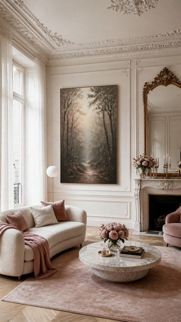a mysterious forest path with fireflies and drifting mist, atmospheric vertical composition with open space at the top, no text — Parisian Apartment Interior Design book cover