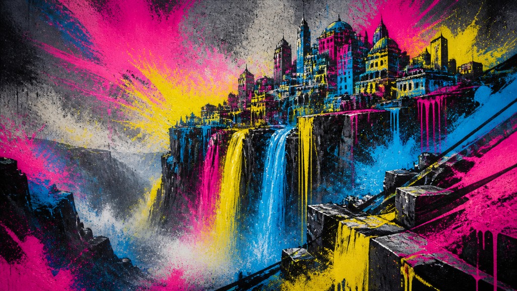 a cliffside city with waterfalls cascading into a misty canyon, wide establishing shot, no people, no text — Graffiti Modern Art Style concept art