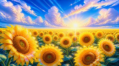 an endless field of sunflowers under summer clouds, no people — Digital Art Style wallpaper