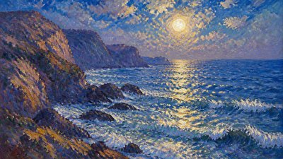 a moonlit coastline with cliffs and crashing surf, no people — Impressionist Landscape Art Style wallpaper