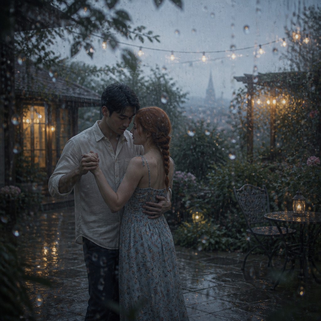 an original couple dancing under string lights in a garden at dusk: a man with short black hair in a linen shirt and a woman with braided red hair in a summer dress — Rainy Day Aesthetic couple portrait