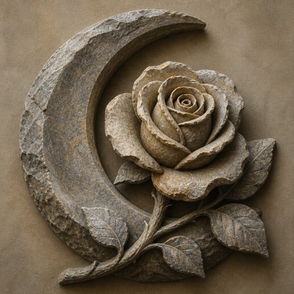 a rose entwined with a crescent moon, clean balanced composition on a plain background, no text — Stone Carving Sculpture Art Style tattoo design