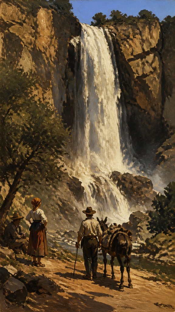 towering waterfall cascading down a cliff — Macchiaioli Art Style