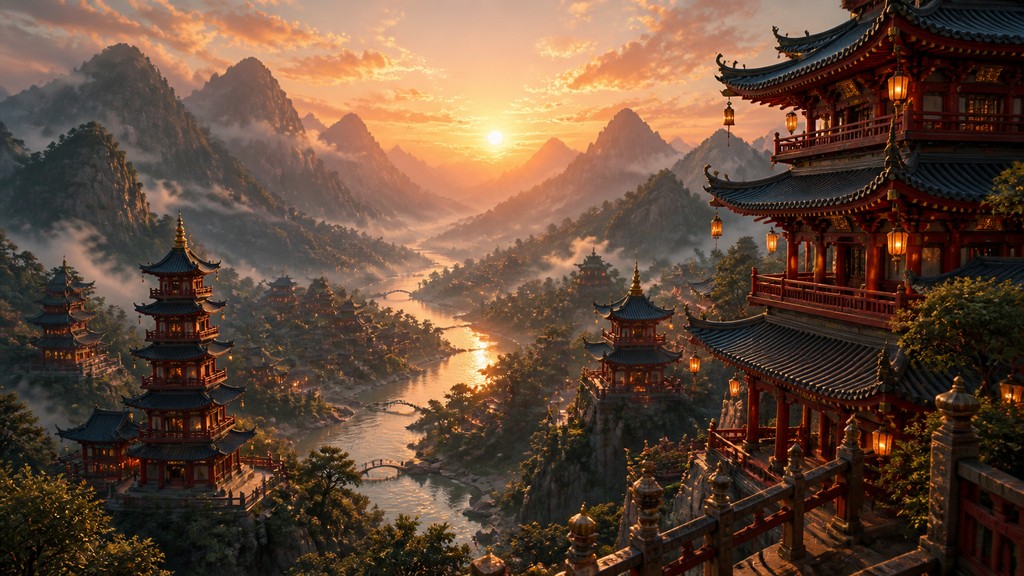 a vast valley with a river winding toward distant mountains at sunrise, no people, no text — Pagoda Architecture Style desktop wallpaper