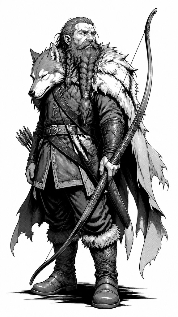 full-body original character: a dwarven ranger with a braided auburn beard, worn leather armor, a longbow and a wolf-pelt cloak, neutral background, no text — Manga Art Style tabletop character portrait