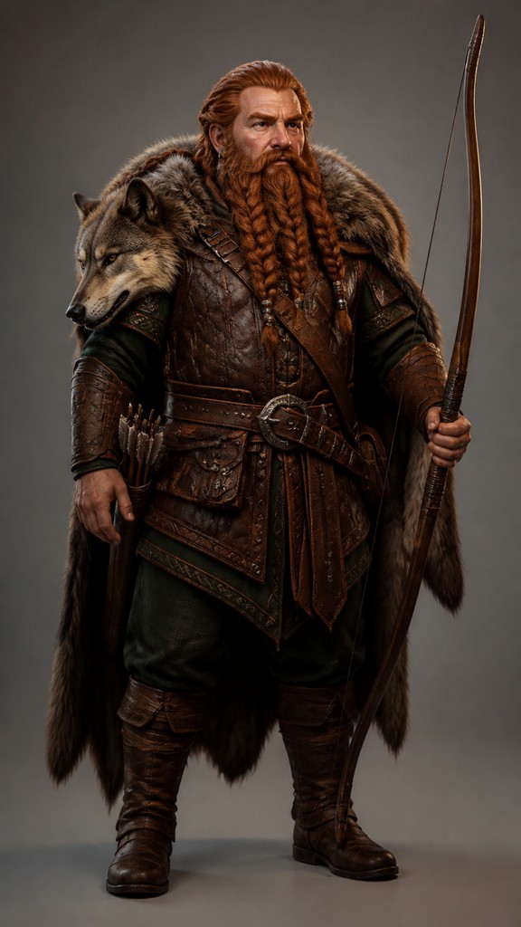 full-body original character: a dwarven ranger with a braided auburn beard, worn leather armor, a longbow and a wolf-pelt cloak, neutral background, no text — Hollywood Regency Interior Design tabletop character portrait