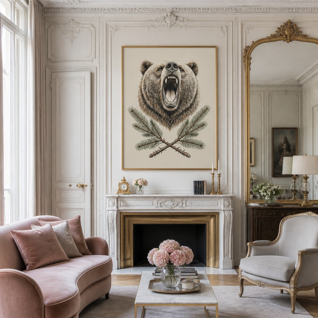 a roaring bear head above crossed pine branches, bold graphic composition on a plain background, no text — Parisian Apartment Interior Design t-shirt design