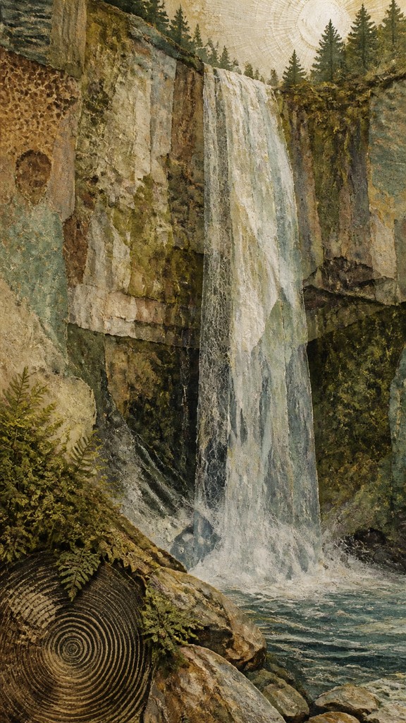 towering waterfall cascading down a cliff — Eco Art Style