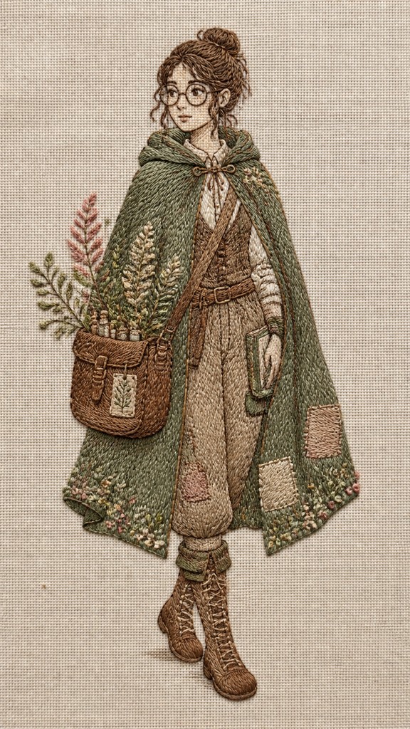 full-body original character: a wandering botanist with a satchel of plants, a patched green cloak, tall boots and round glasses, neutral background — Hand Embroidery Illustration / Textile Art character design
