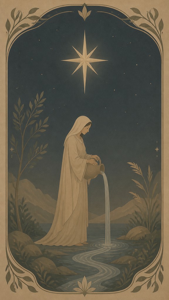 a robed figure pouring water beneath a large eight-pointed star in a night sky, symmetrical composition with an ornate decorative border, no text — Minimalist Nature Art tarot card