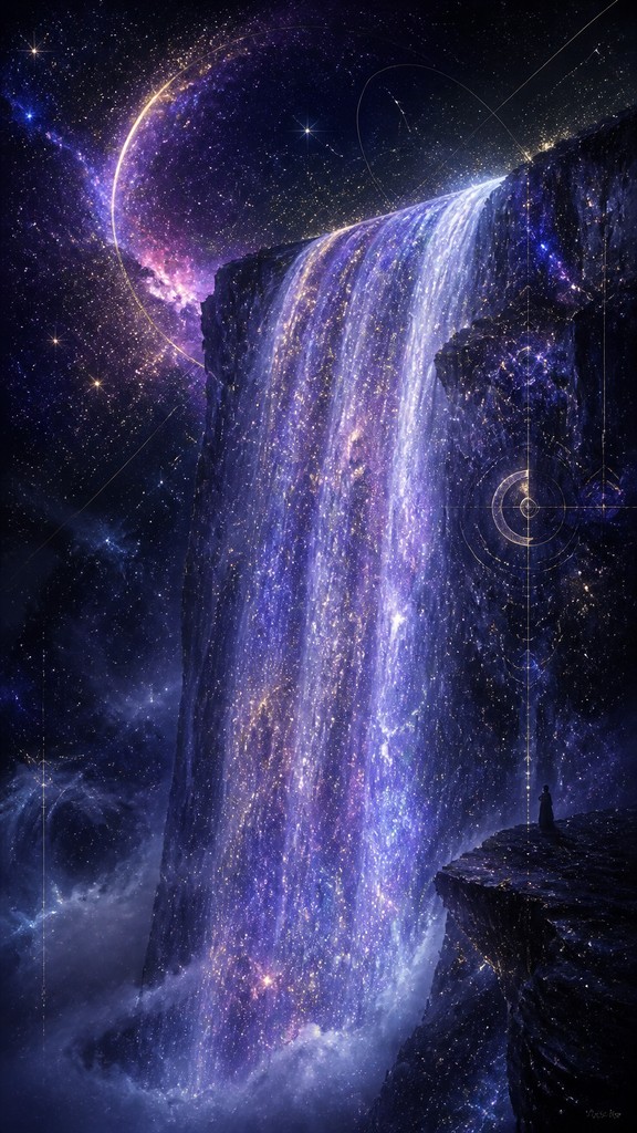 towering waterfall cascading down a cliff — Spacecore Aesthetic