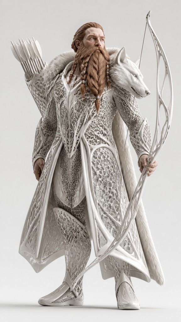 full-body original character: a dwarven ranger with a braided auburn beard, worn leather armor, a longbow and a wolf-pelt cloak, neutral background, no text — Parametric Architecture tabletop character portrait