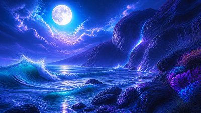 a moonlit coastline with cliffs and crashing surf, no people — Digital Art Style wallpaper