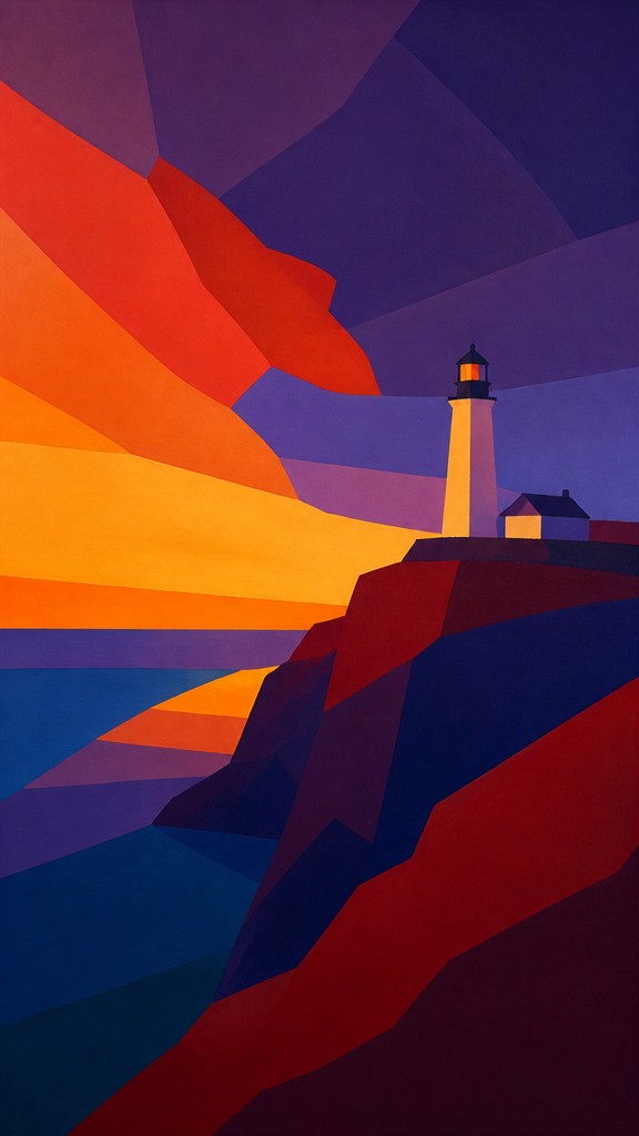 a lone lighthouse on a cliff at dusk under a dramatic sky, no text or lettering — Color Field Abstract Art Style poster