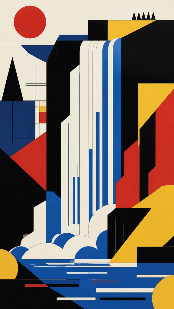 towering waterfall cascading down a cliff — Bauhaus Art Style
