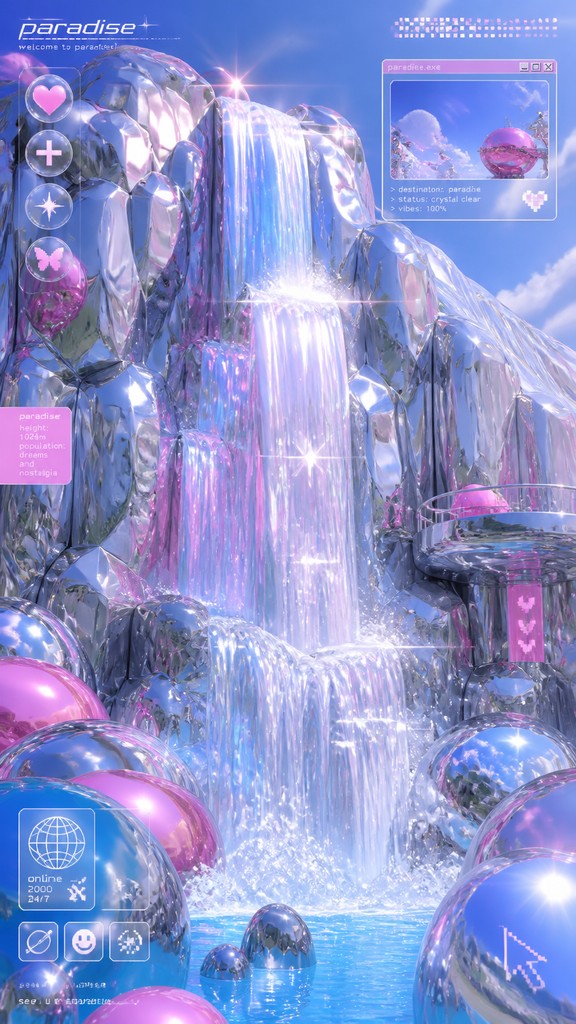 towering waterfall cascading down a cliff — Y2K Aesthetic