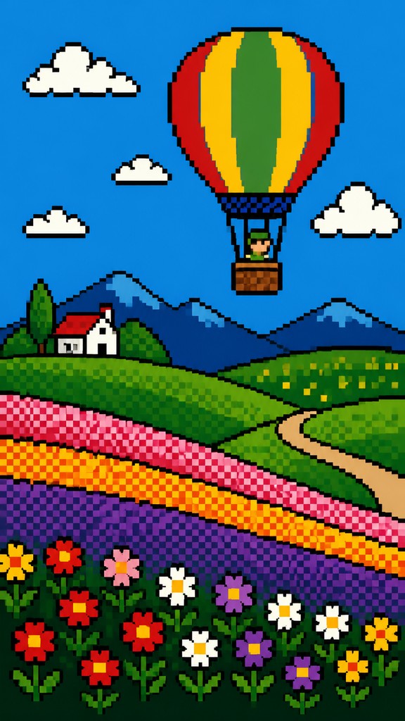 a hot air balloon drifting over rolling flower fields on a sunny day, cheerful, no text — 8-Bit Pixel Art Style greeting card