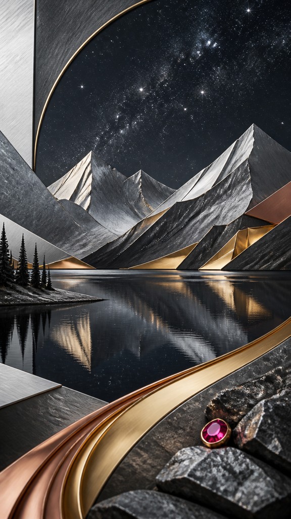 a tranquil mountain lake beneath a starry night sky, no people, no text — Modern Contemporary Jewelry Design phone wallpaper