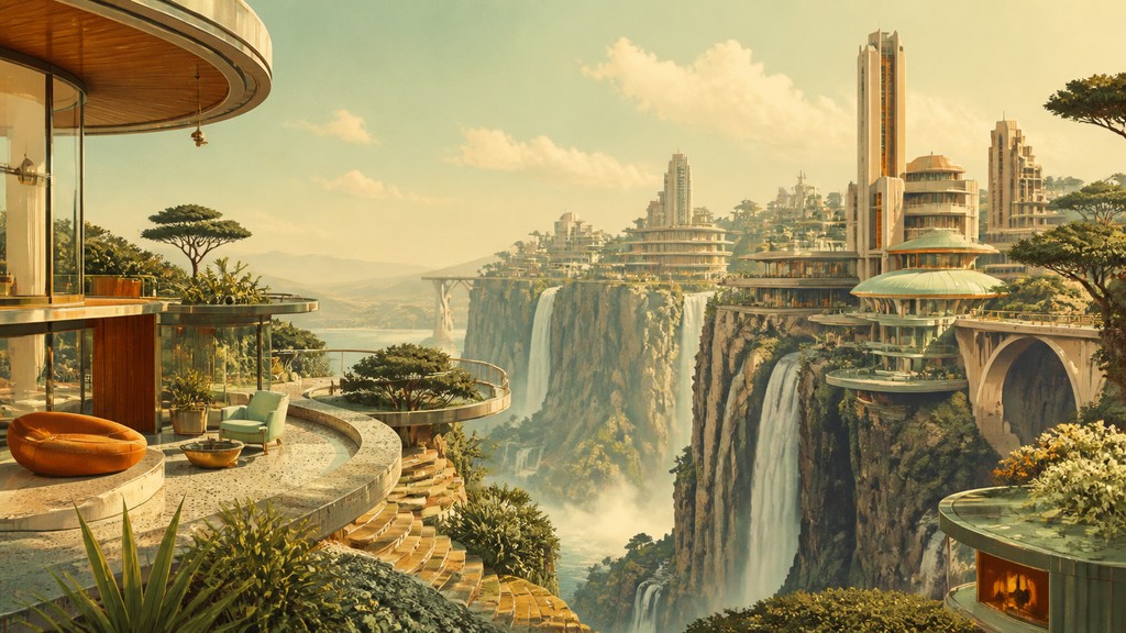 a cliffside city with waterfalls cascading into a misty canyon, wide establishing shot, no people, no text — Mid-Century Modern Interior Design concept art