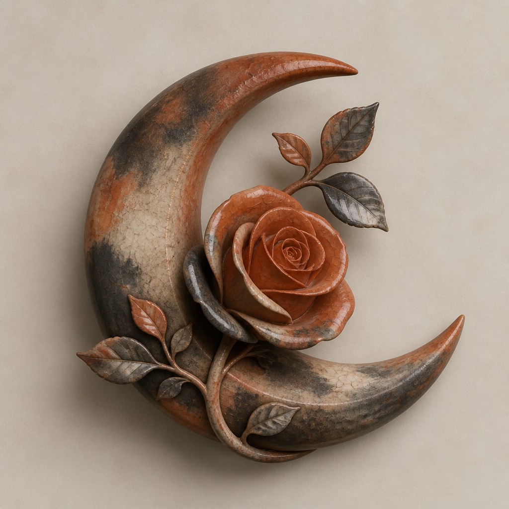 a rose entwined with a crescent moon, clean balanced composition on a plain background, no text — Terra Sigillata Ceramic Art Style tattoo design